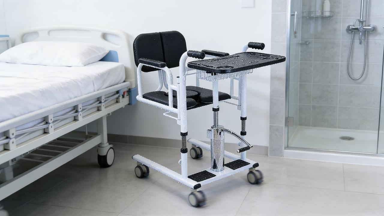 Sakon 4-in-1 Lifting Chair shown in a healthcare setting, demonstrating its multi-function patient transfer capabilities as a waterproof commode chair and shower aid.