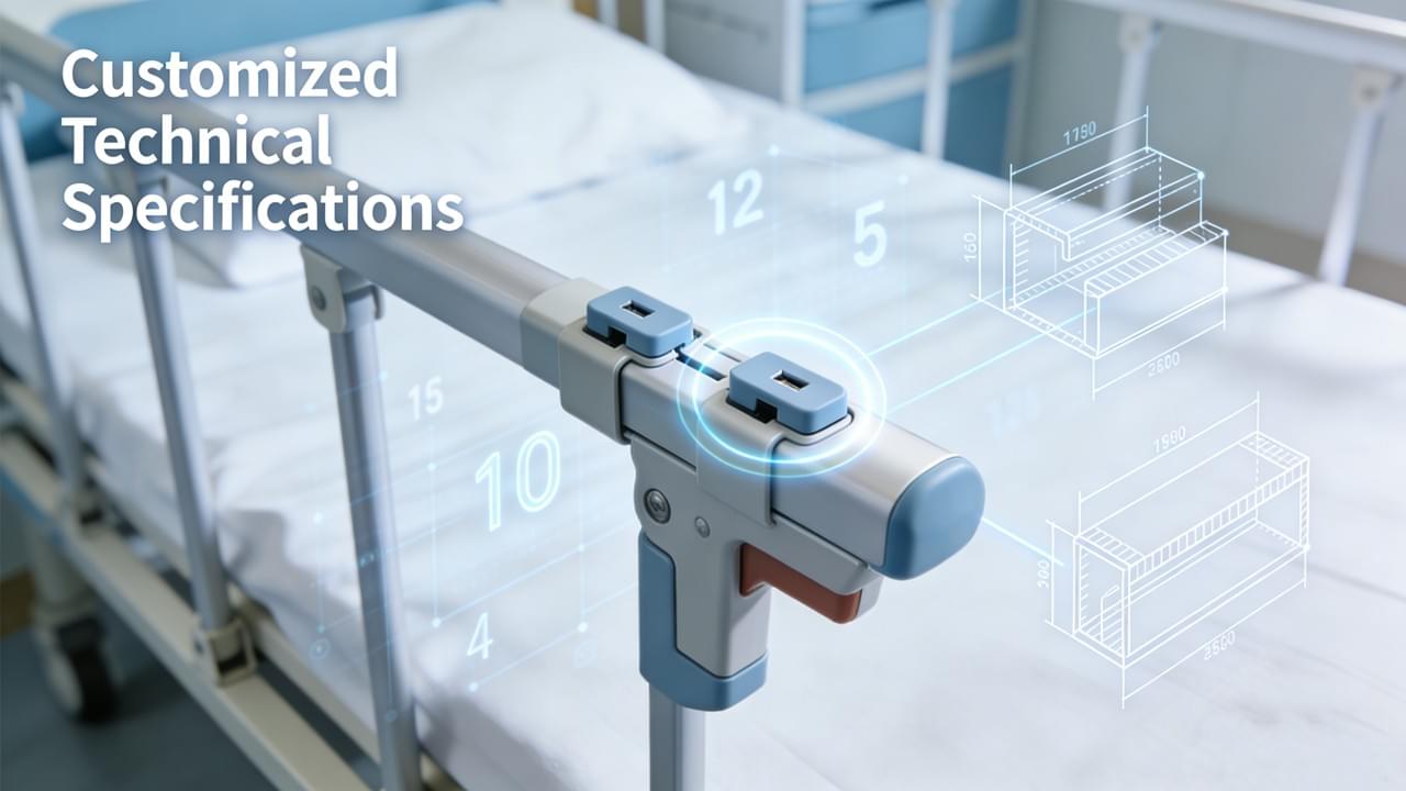 Close-up view of a custom-designed Aluminum Safety Guardrails and its dual-switch locking mechanism on a modern hospital bed, highlighting technical specifications and robust alloy construction.
