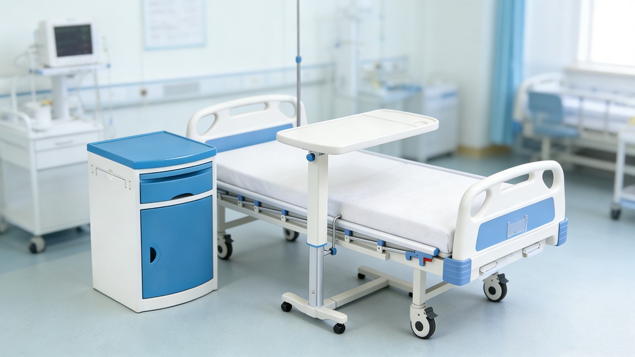 Modern Hospital Furniture set, featuring a durable ABS bedside cabinet and a height-adjustable pneumatic overbed table, designed for patient autonomy and infection control.